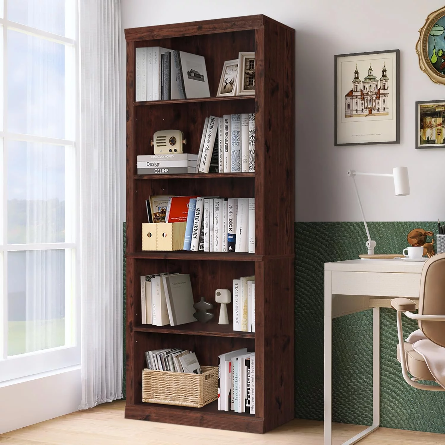 ENSTVER Wooden 5-Shelf Bookcase with Adjustable Shelves, Cherry