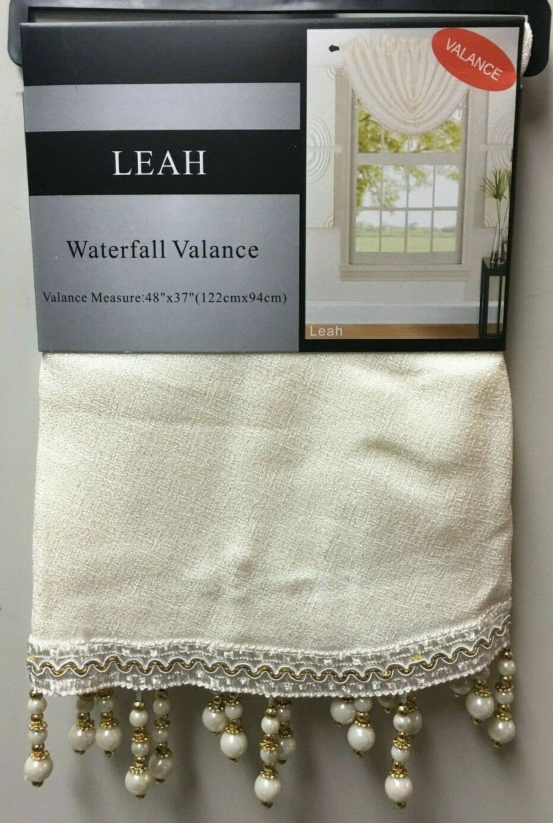 Leah 5 Piece Woven Textured Curtain Set with Beaded Austrian Valances (Off White)