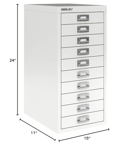 Bisley 10-Drawer Steel MultiDrawer Cabinet - Black, Chrome Pull Handles with Label Holders, Powder-Coated Steel, Removable Drawers, Fits Under Most Desks, Labels Included