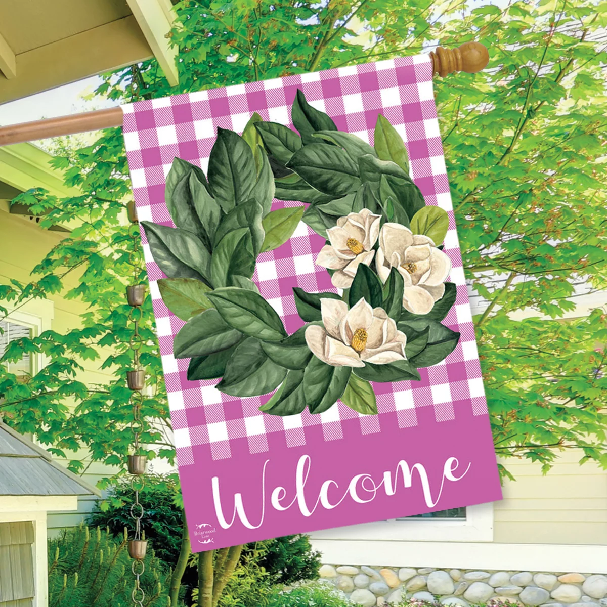 Pink Magnolia Wreath Spring Burlap House Flag 28