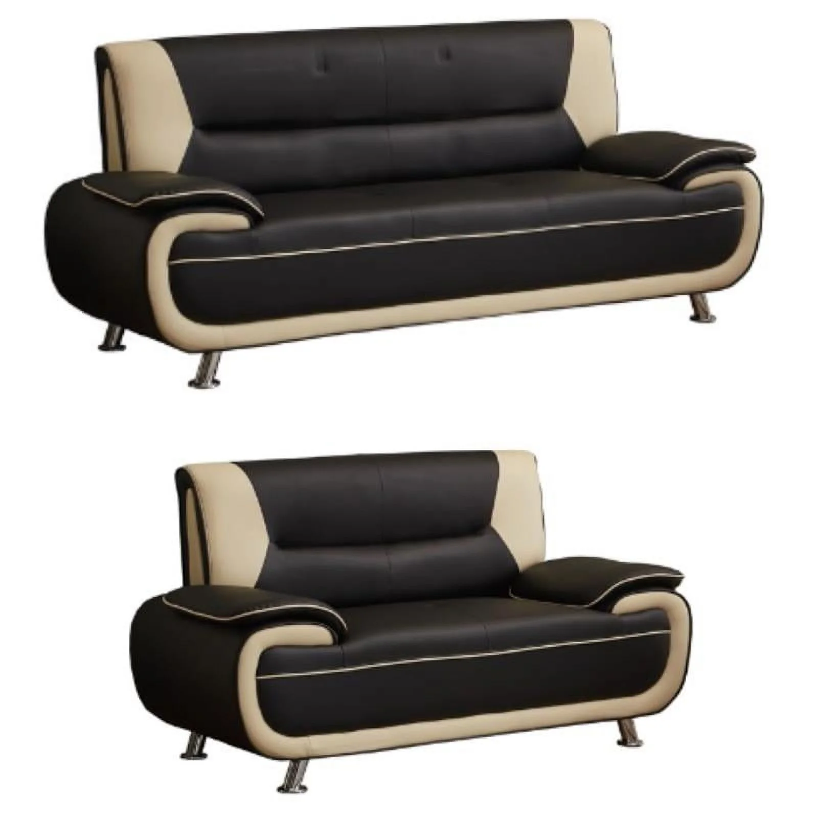 Home Square 2-Piece Set with Faux Leather Sofa and Loveseat in Black & Beige