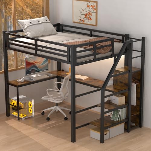 Full Size Loft Bed with Desk and Storage Stairs, Heavy Duty Metal Loft Bed Frame with Wardrobe, Adult Loft Bed with Desk Underneath & Charging Station, Space Saving, Black