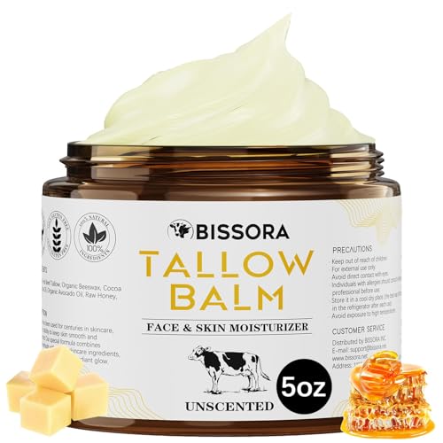 Beef Tallow for Skin, Organic Grass-Fed Beef Tallow Balm with Raw Honey & Jojoba Oil - Whipped Moisturizer for Face & Body - All-Natural Skin Care for Soft, Hydrated Skin (5 OZ, Unscented)