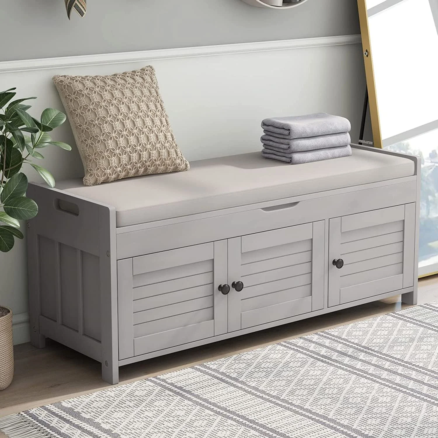 KBANZIBIU Bench with  and Seating Wooden  Bench with Removable Cushion and Hidden  Space for Entryway Mudroom Under Window(Gray Wash)