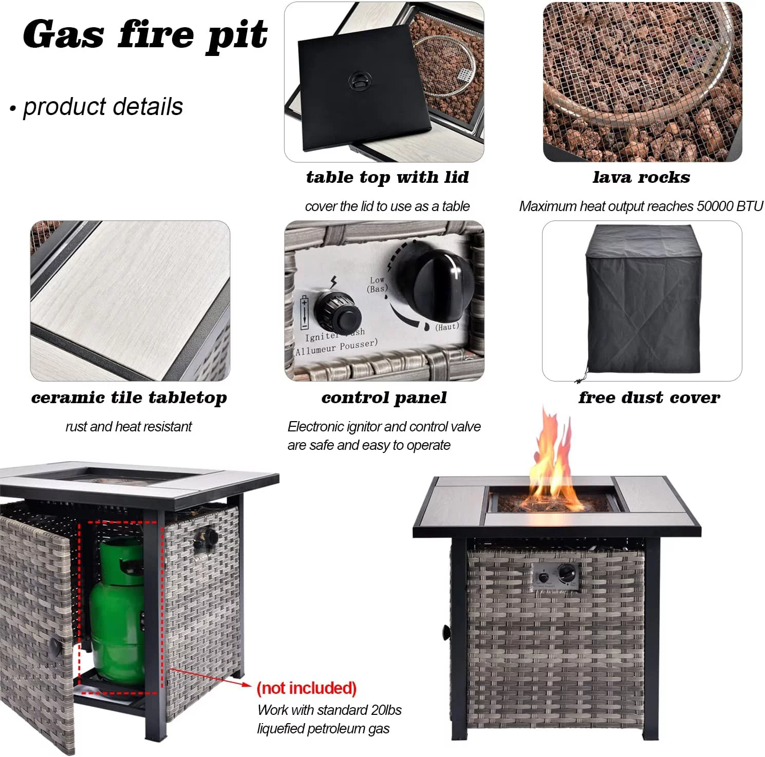 Ovios 6 Pieces Fire Pit Table Set Outdoor Patio Furniture with 30