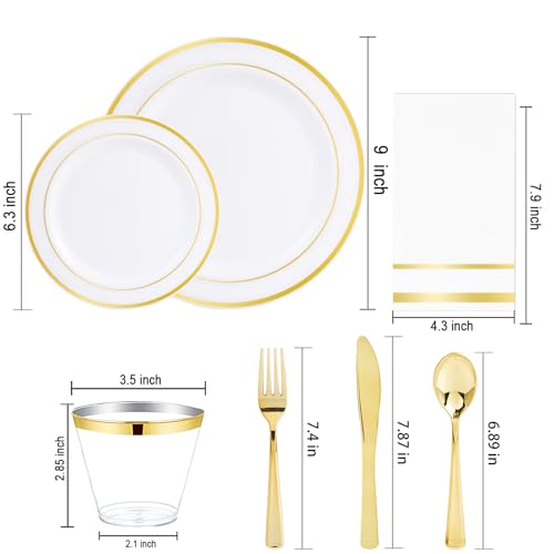 NOCCUR 350PCS Black and Gold Plastic Plates - Black Disposable Dinnerware Set for 50 Guests, 100 Dinner/Dessert Plates, 150 Gold Silverware, 50 Cups&50 Napkins for Party/Birthday/Halloween/NewYear