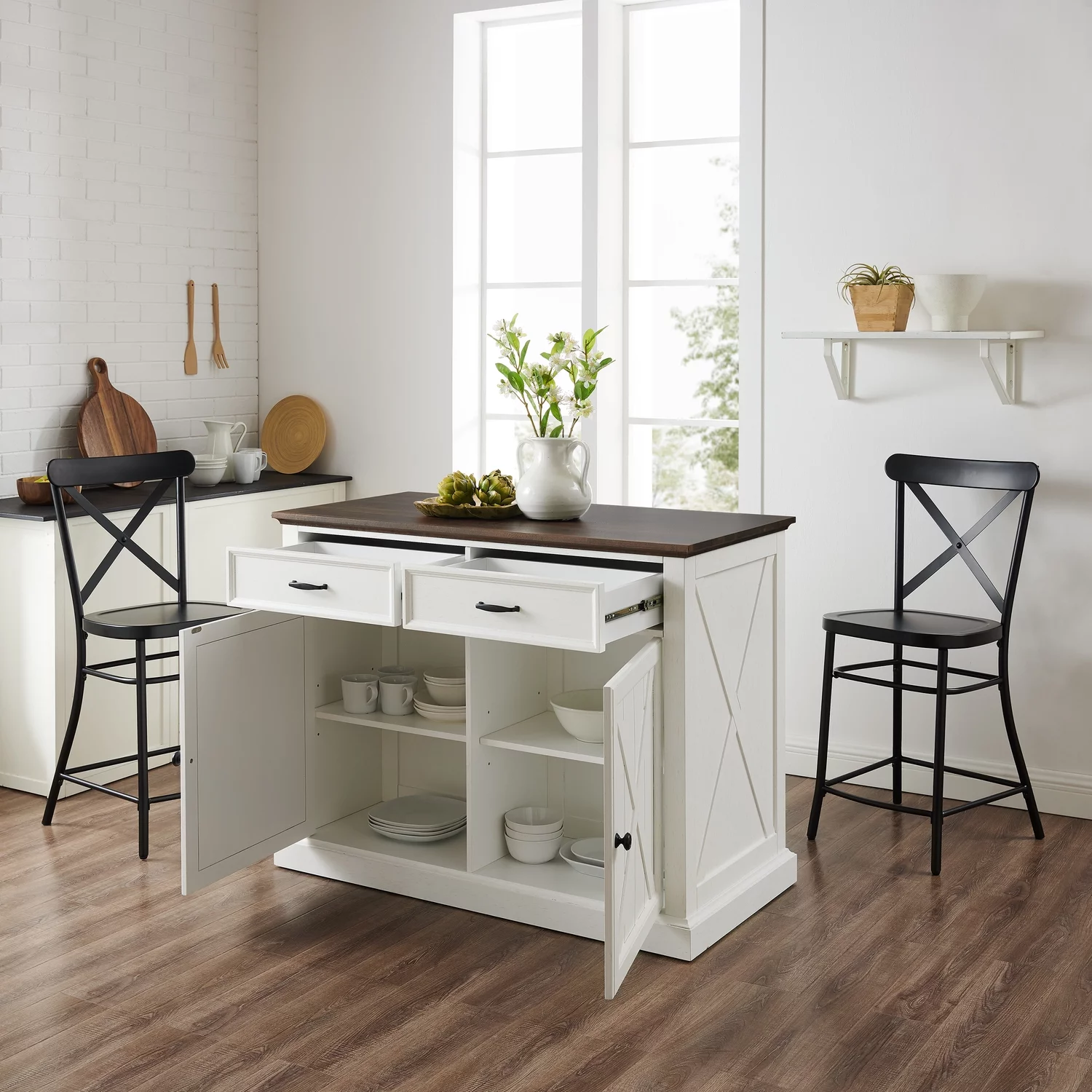 HomeStock Neo-Classical Nostalgia Kitchen Island W/Camille Stools Distressed White/Black - Kitchen Island & 2 Stools