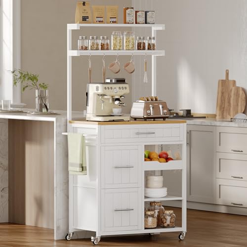 Itaar Kitchen Island with Storage, Rolling Kitchen Island Cart with Shelves and Drawers, Towel Rack, 8 S Hooks, Kitchen Cart on Wheels, for Home, Dining Room, White