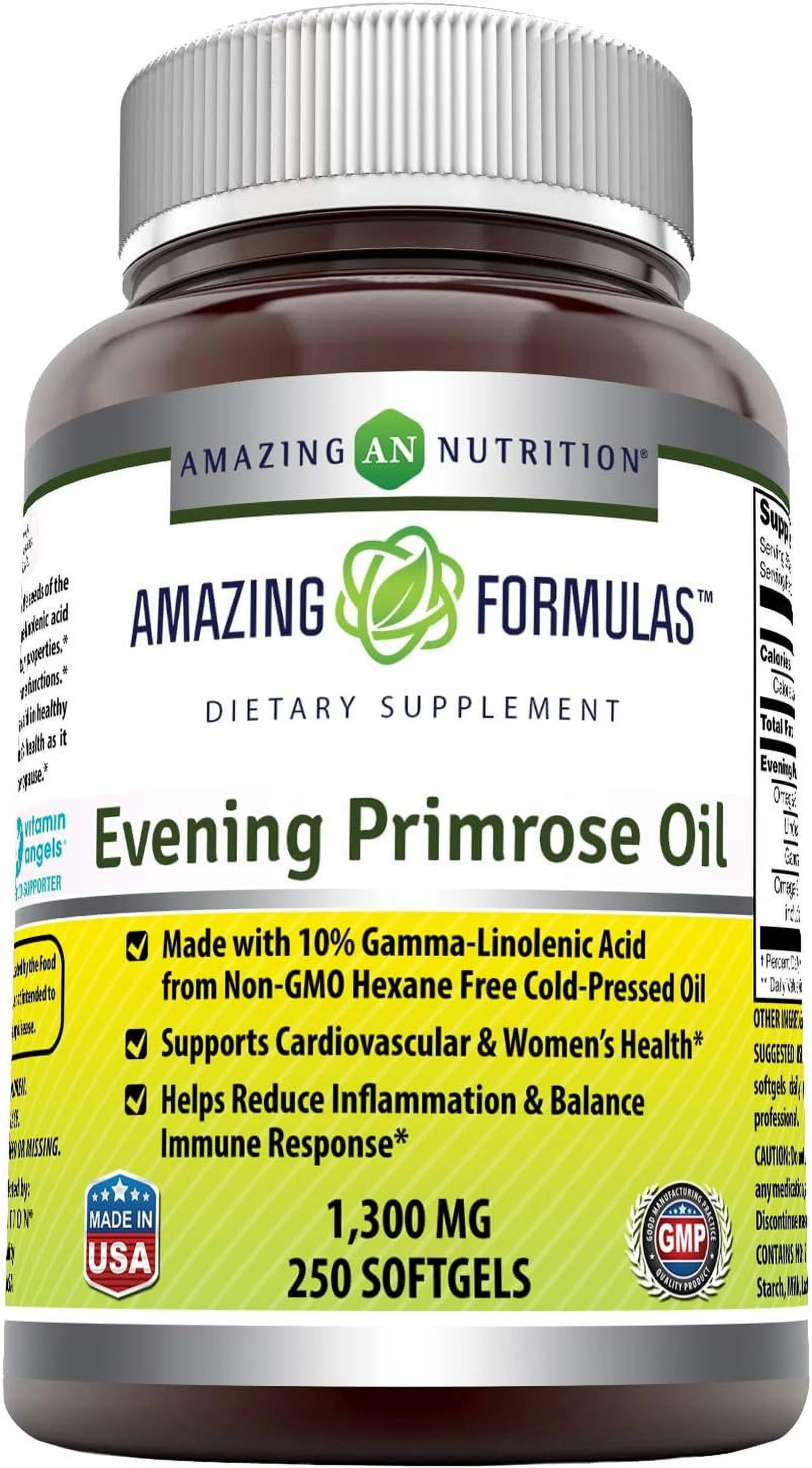 Amazing Formulas Evening Primrose Oil 1300mg, 10% GLA, 250 Softgels Supplement | Hexane Free Cold Pressed Oil | Non-GMO | Gluten Free