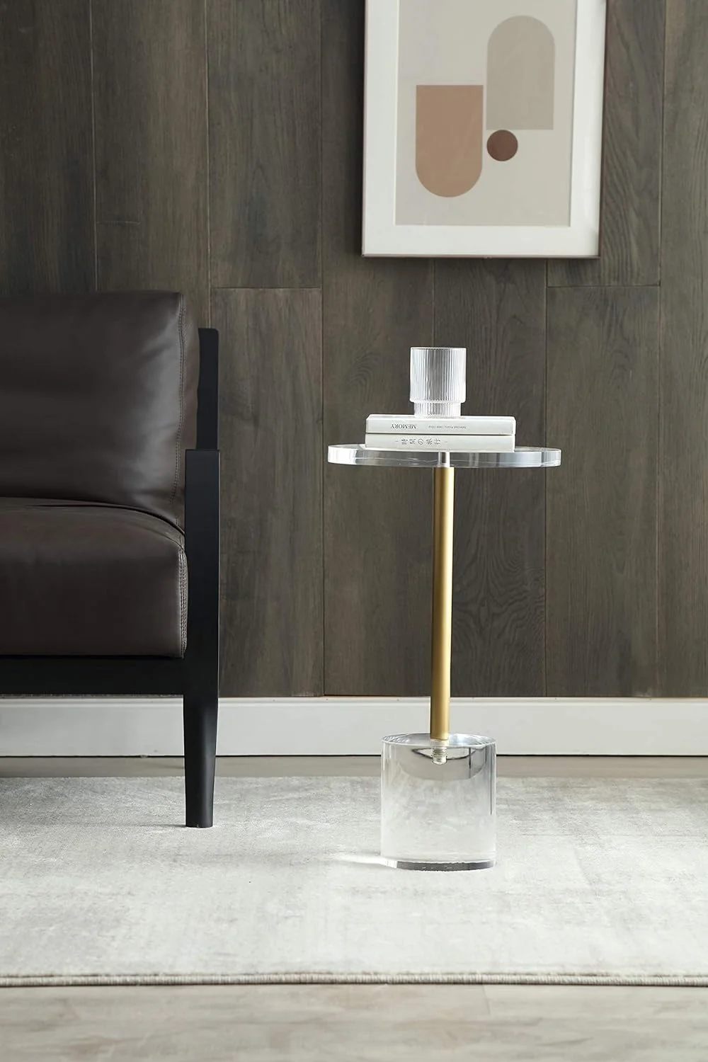 Yone jx je Clear Acrylic End Table,Side Table,Brushed Brass Metal,Round,for Office, Living Room and Bedroom