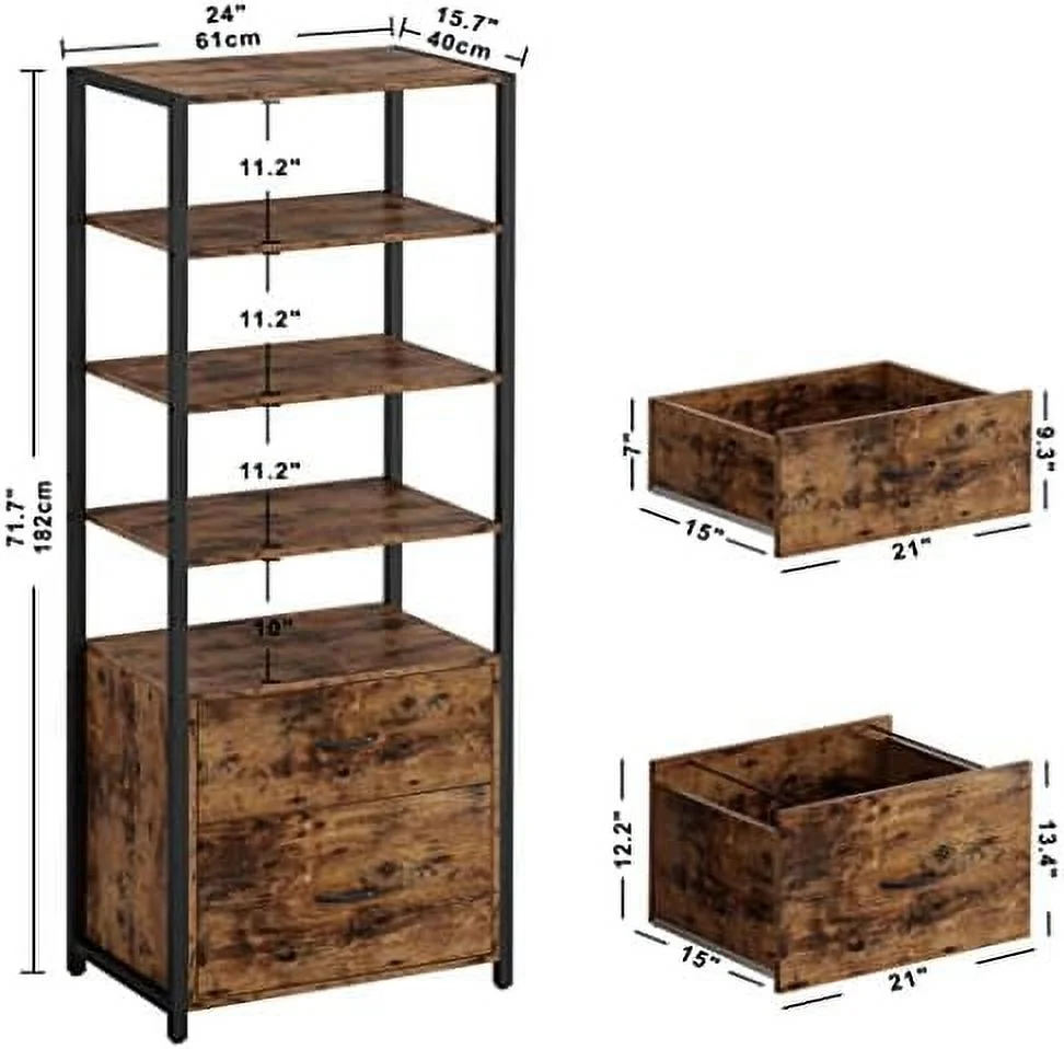 HOOMHIBIU Industrial Bookcase with File Cabinet Drawers  71.6 in Tall Bookshelf 5 Tier  Freestanding  Home Office Cabinet Organizer  Rustic Home Decor  Vintage Brown