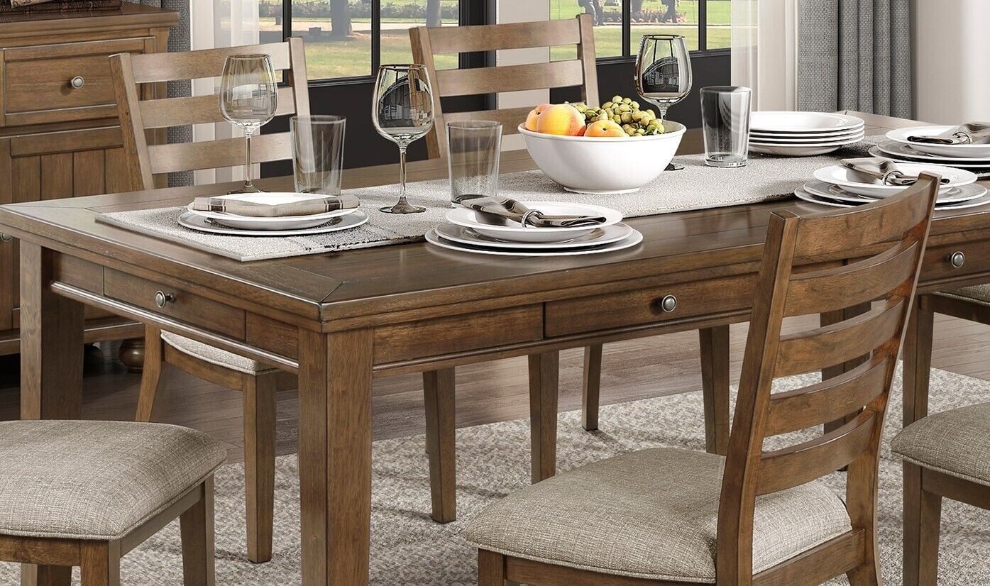 Traditional Cherry Finish 5pc Dining Table Set Wooden Chairs 6x Drawers Fabric Upholstered Seat Home Furniture