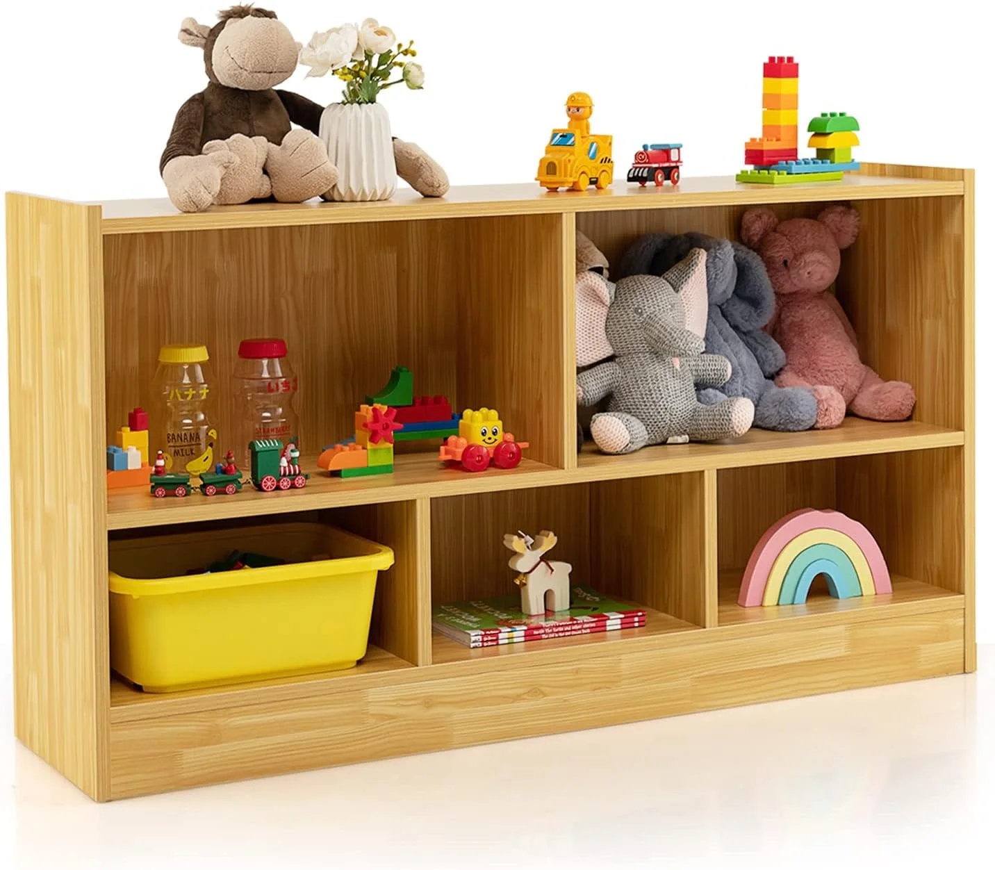 Kids Toy Storage Organizer, 5-Section Storage Daycare Shelf for Preschool, Children 2-Tier Open Wooden Display Book Shelf Organizer for Classroom, Playroom & Nursery, Kindergarten(Wood)