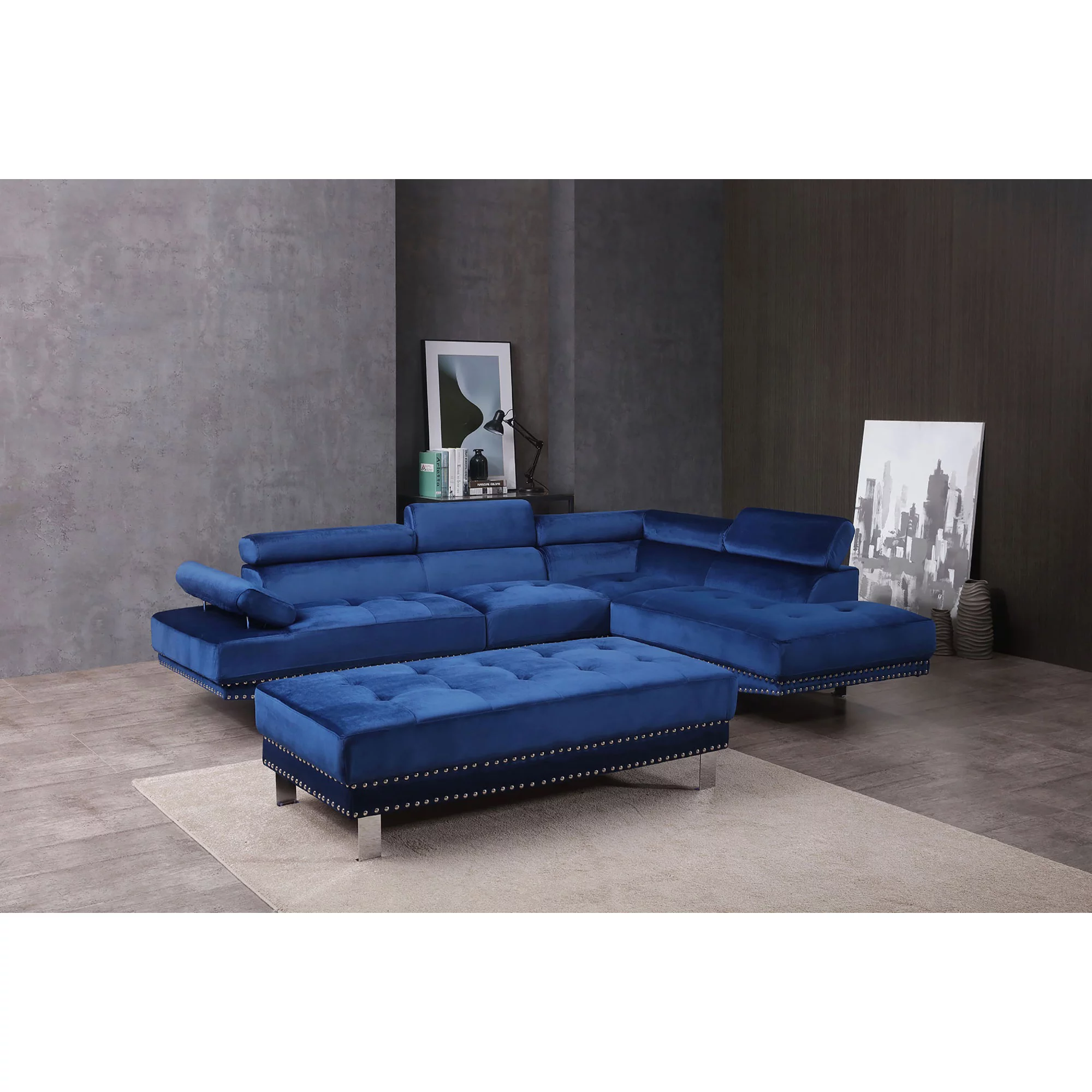Passion Furniture  Derek 109 in. 2 Piece Velvet L Shape Sectional Sofa in Navy Blue