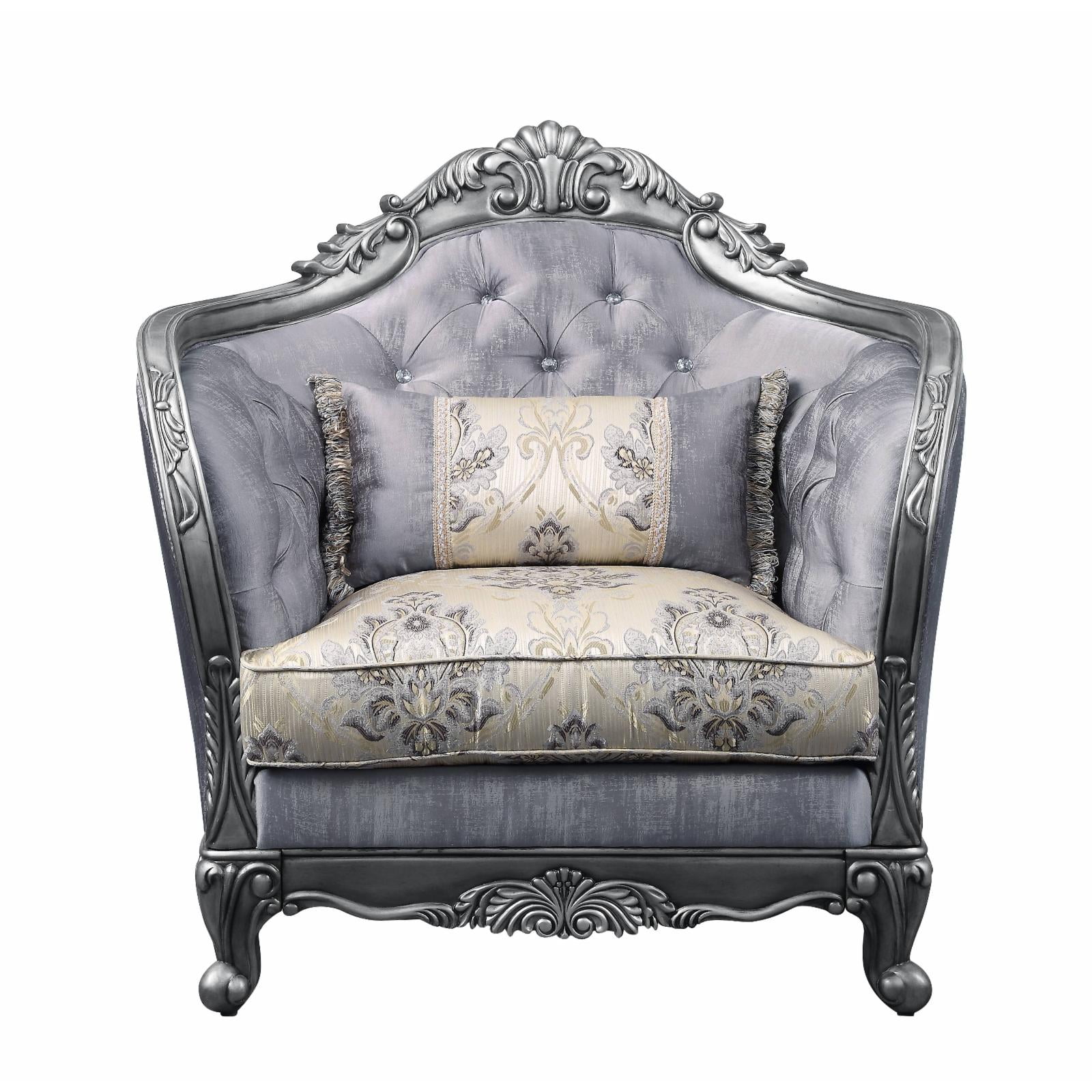 ACME Ariadne Fabric Button Tufted Chair with 1 Pillow in Platinum Gray