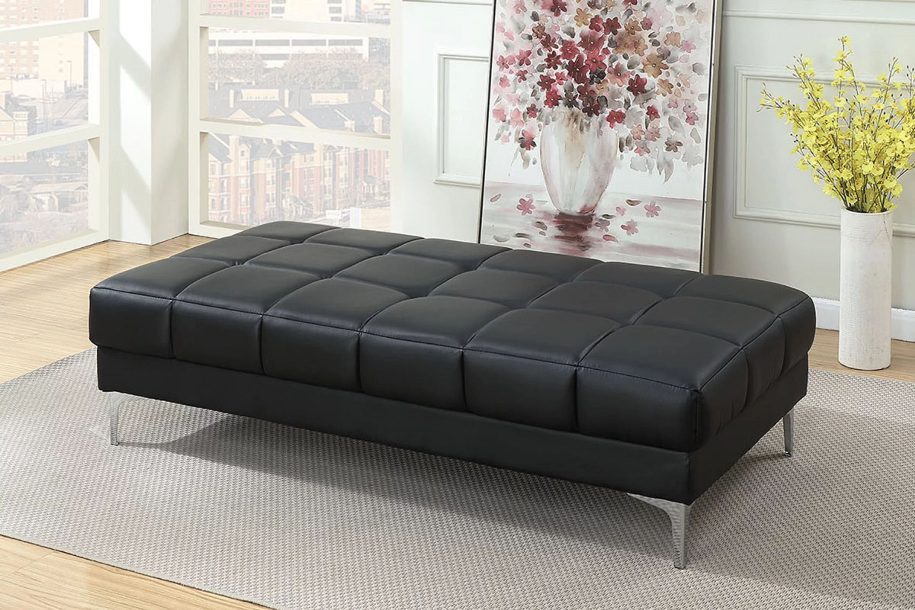 CoSoTower Black Bonded Leather Extra Large Ottoman Metal Legs 1Pc Ottoman