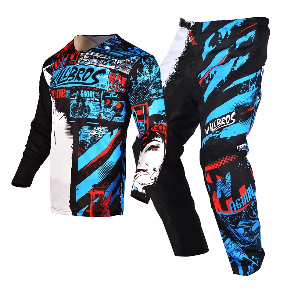 Willbros Motocross Jersey and Pants Combo Mens MX Gear Set Riding Ride Black Blue Dirt Bike Offroad Racing