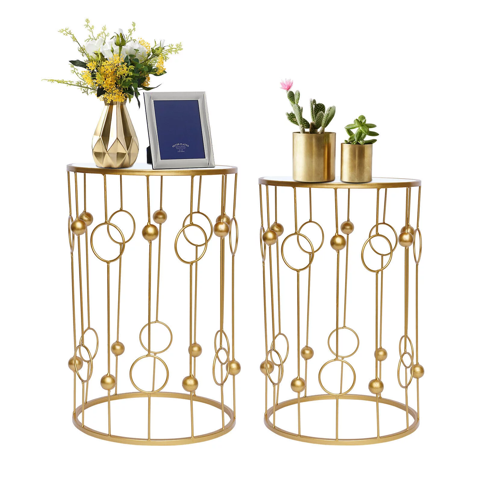 Set of 2 Round Nesting End Side Tables Glass Top,End Tables Elegant Coffee Table