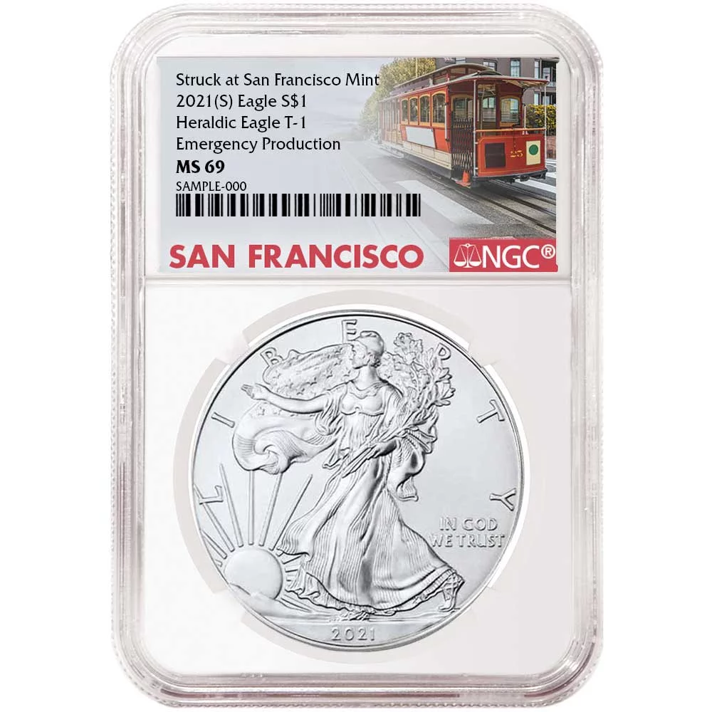 2021 (S) $1 American Silver Eagle NGC MS69 Emergency Production Trolley Label
