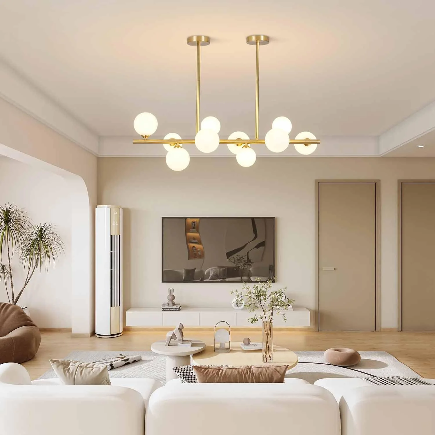 WANHUI Modern Gold Globe Sputnik Chandelier Mid Century Brass Linear Chandelier 10-Lights Frosted White Glass Ball Pendant Light Ceiling Lamp Dining Light Fixture Over Table