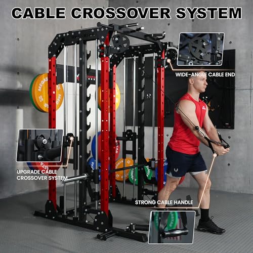 Smith Machine Home Gym with Aluminum Pulley Set - 2000lbs Capacity All-in-One Power Rack with Cable Crossover, Pull-Up Bar & Dip Station, Includes 18 Attachments, P107 Anvil