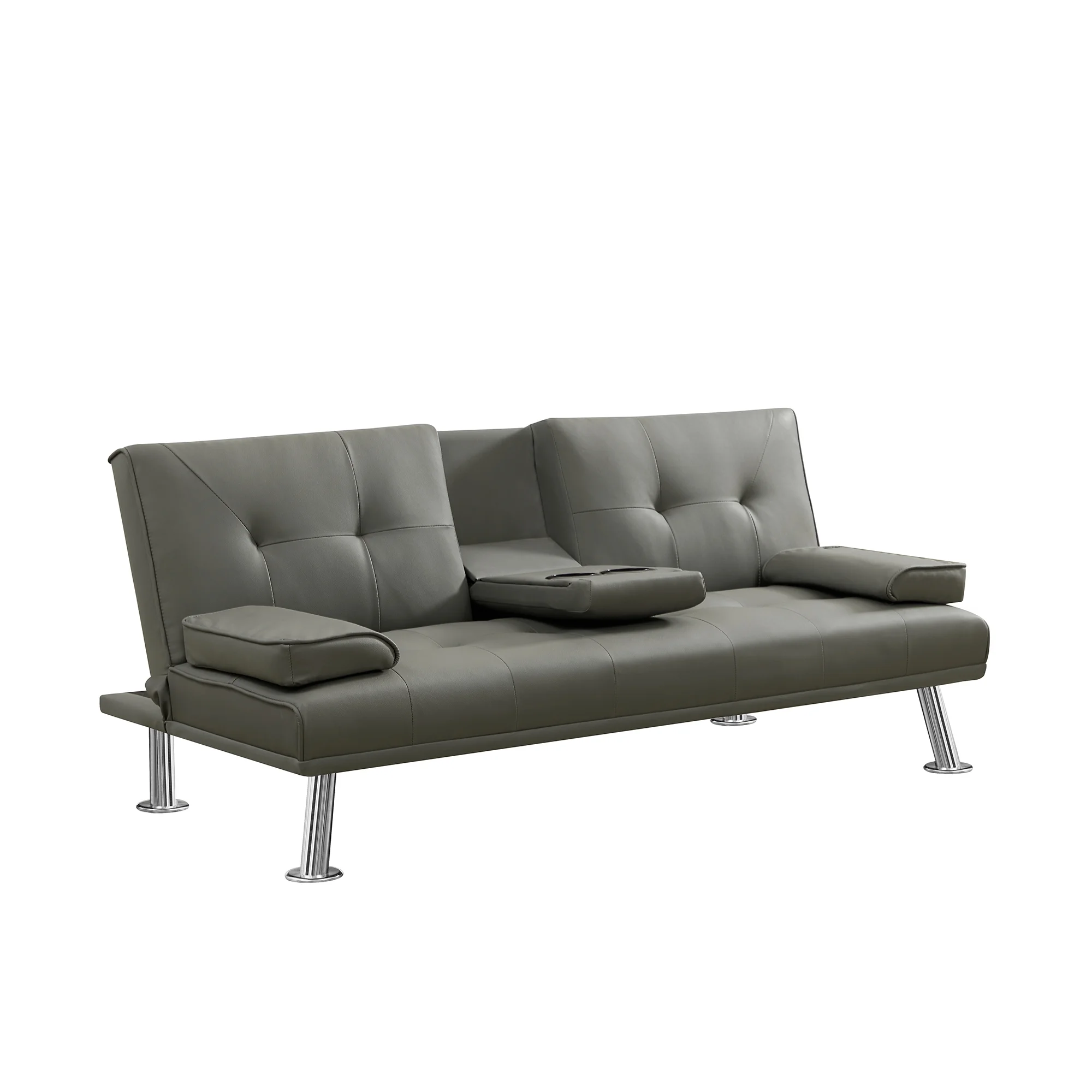 Gray Faux Leather Loveseat Sofa Bed with Cup Holders , Convertible Folding Sleeper Couch Bed