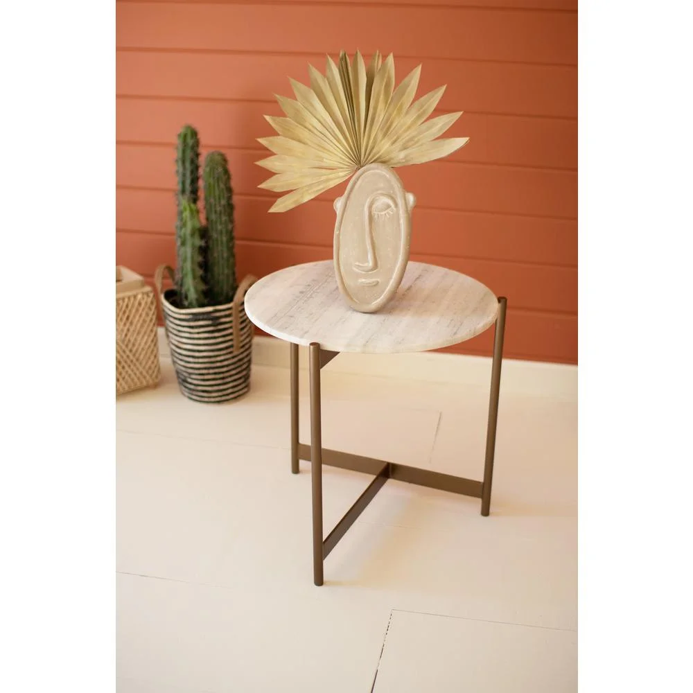 Iron Side Table With Marble Top Brass/White