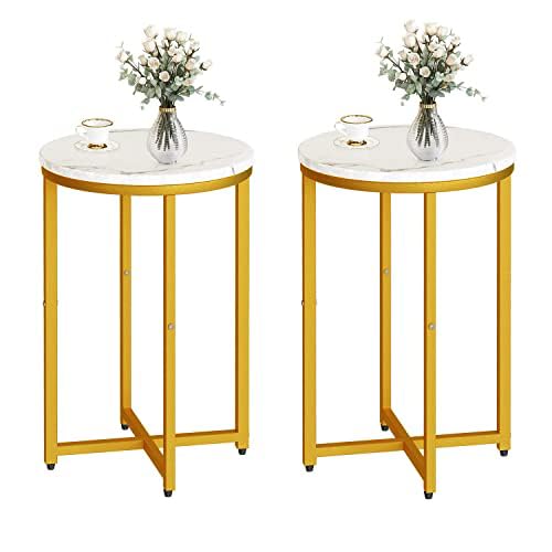 DKLGG Modern Black Side Table Set of 2, Small Coffee Table Round End Table with Black Frame, Faux Marble Bedside Table for Living Room, Bedroom, Small Space, 16