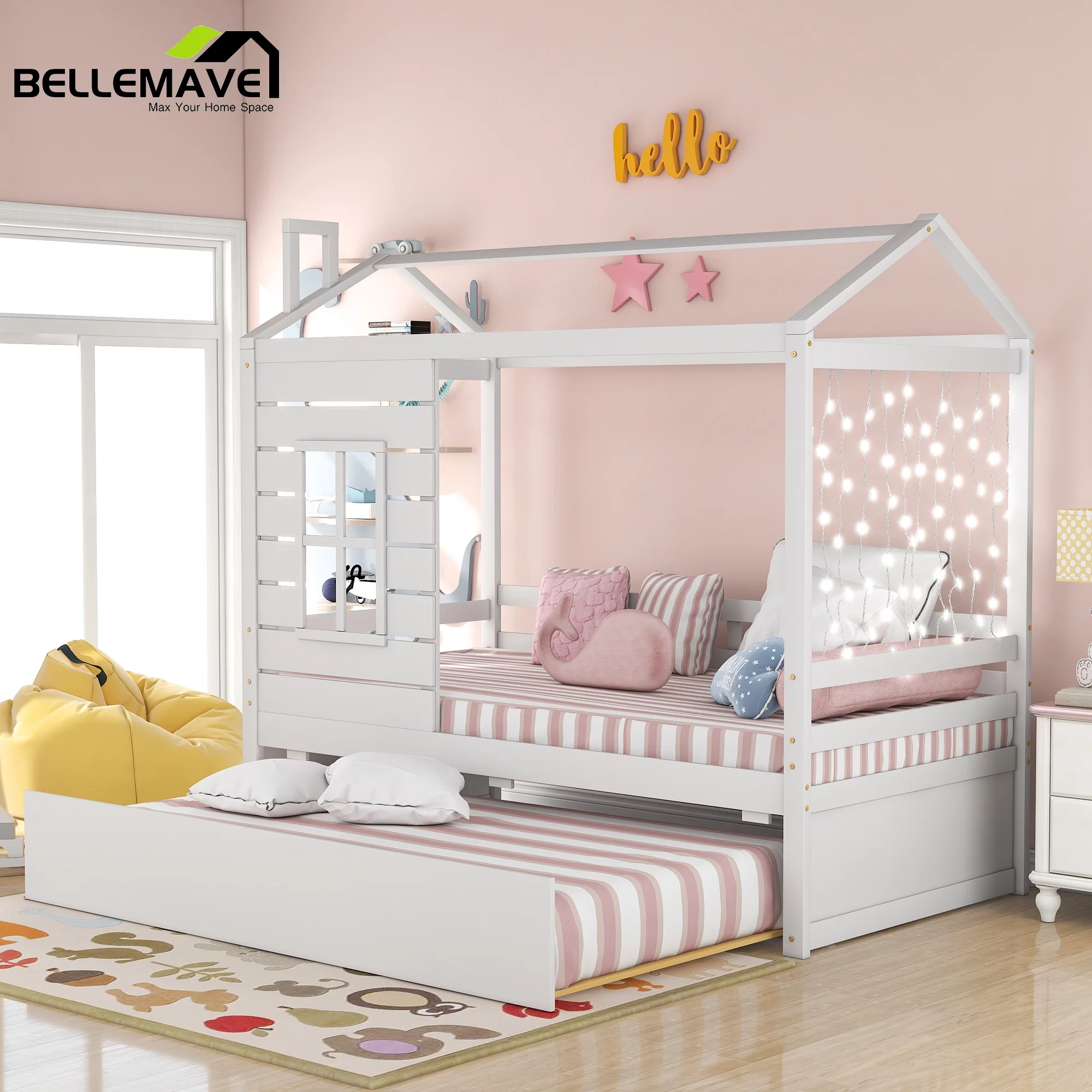 Bellemave White Wood Twin Size House-Shaped Kids Platform Bed Daybed with Trundle Bed for Bedroom Living Room, Wood Frame House Platform Bed Twin Size for Kids Child