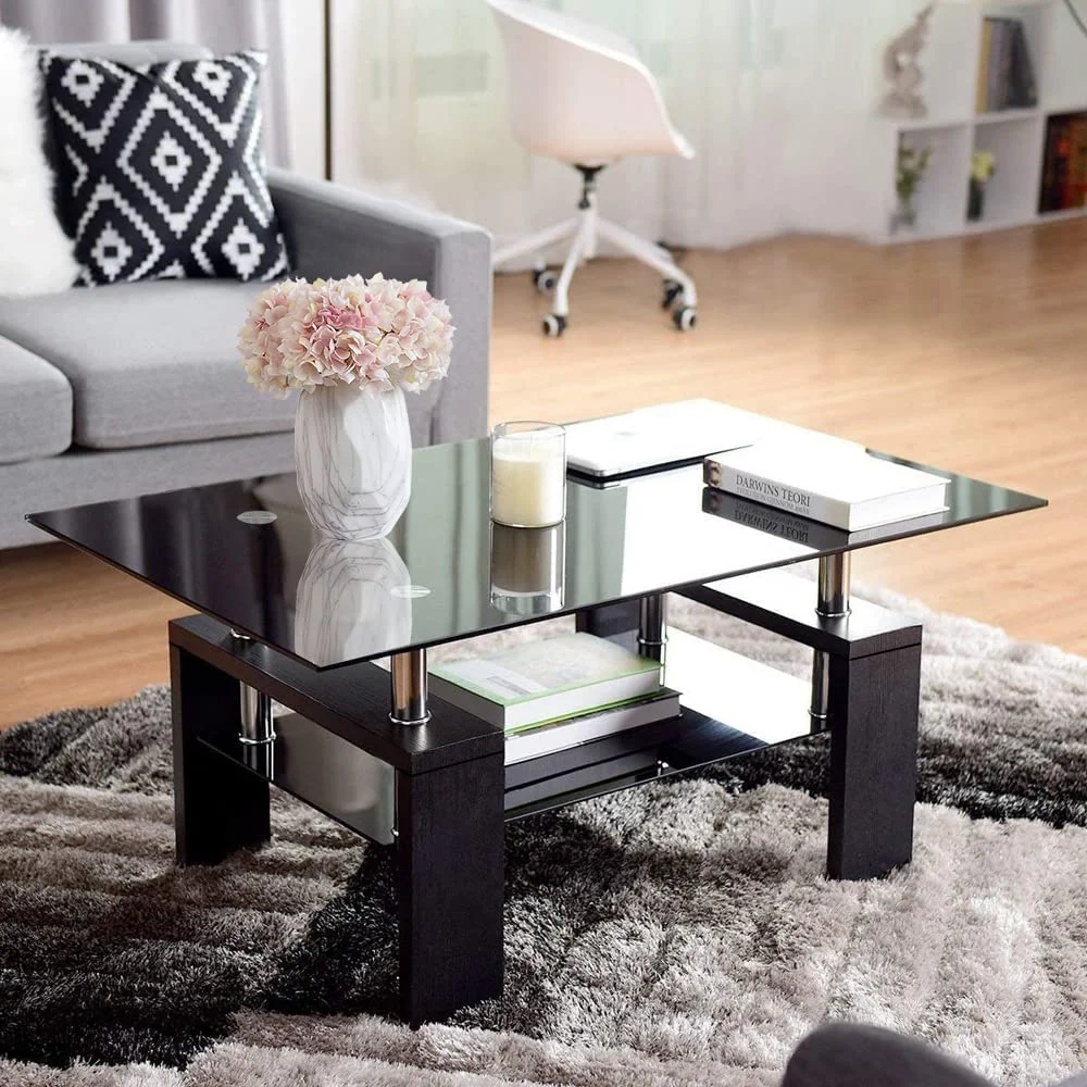 T2 Black Rectangle Glass Coffee Table, Modern Side Coffee Table With Shelf,Wooden Legs And Glass Desktop, Perfect Suit For Home Living Room, Office, Store Or Bed Room.