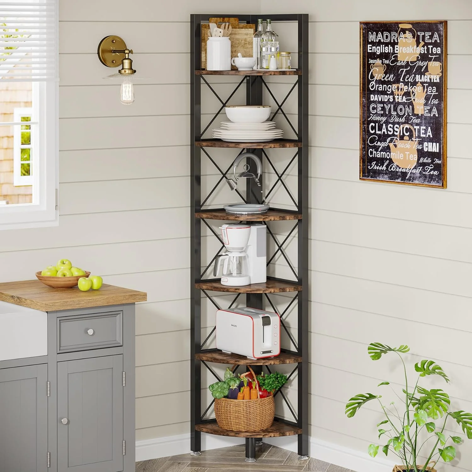 Tribesigns 6 Tier Corner Shelf, Rustic Corner Bookshelf Small Bookcase Corner Storage Rack Plant Stand for Living Room, Home Office, Kitchen, Small Space