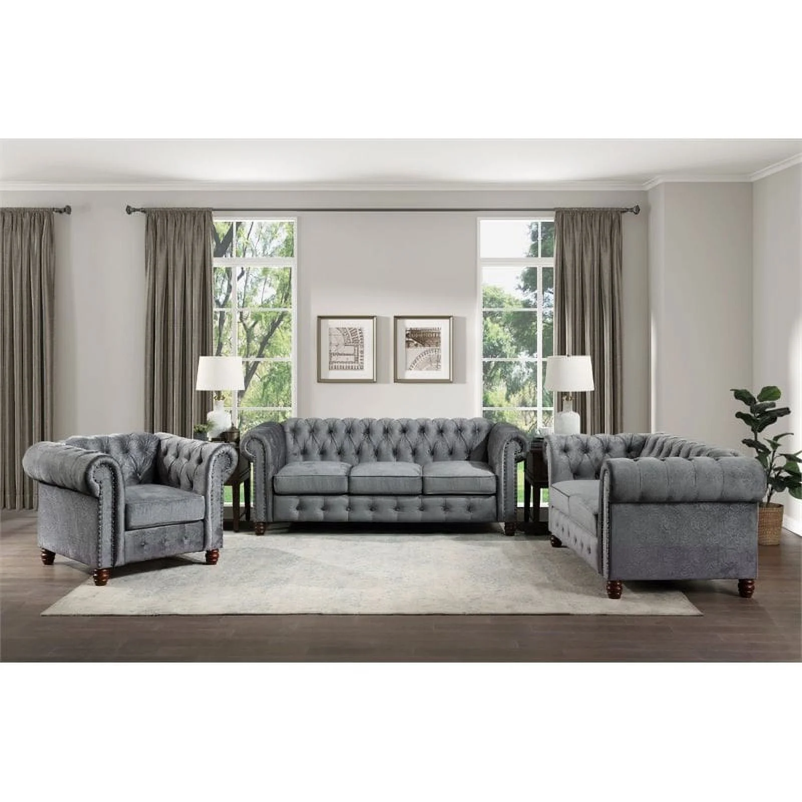 Pemberly Row Velvet Chesterfield Loveseat in Dark Gray
