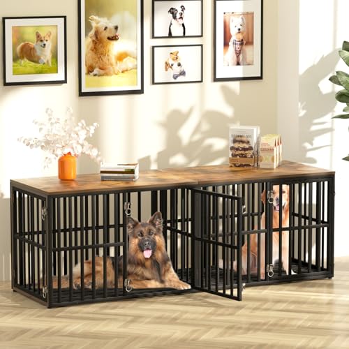 Dog Crate Furniture for 2 Dogs, 76” Wooden Dog Kennel with Divider, XXL Double Dog Crate Furniture Large Breed with 4 Doors, Dog Cage End Table Indoor for Large & Medium Dogs, Black