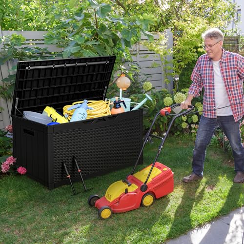 Greesum 100 Gallon Resin Deck Box Lockable Large Outdoor Storage Boxes for Garden Tools, Patio Furniture Cushions, Pool Supplies, Black