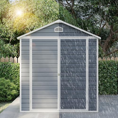 Gizoon 6x4 FT Outdoor Storage Shed with Floor, Resin Garden Tool Shed with Lockable Doors, Window, Vents, Reinforced Steel Frame, Waterproof Plastic Storage Sheds for Backyard, Patio, Lawn