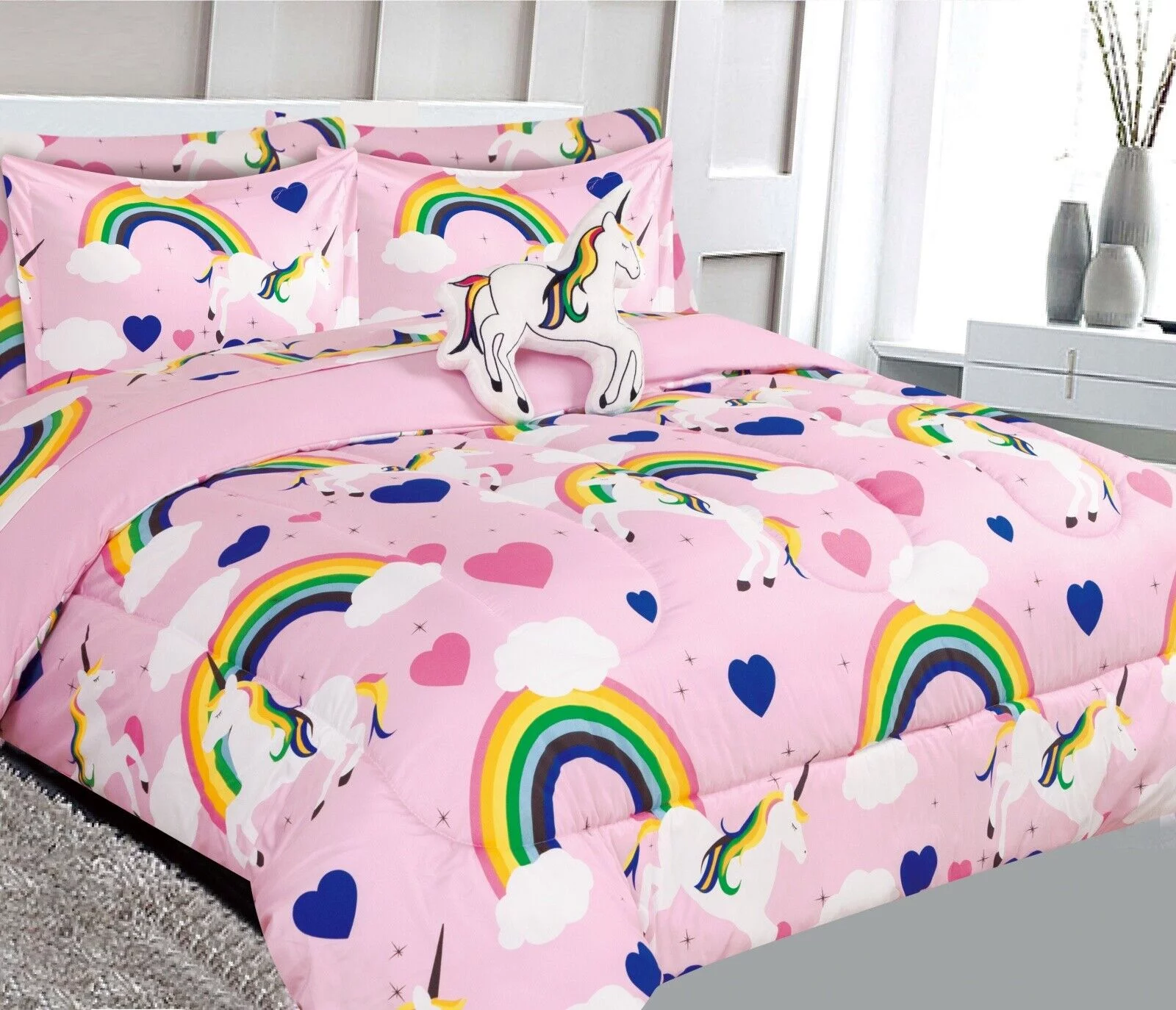 Kids bedding comforter super soft in FULL size unicorn rainbow matching sheet set for kids bedroom for girls boys 8 pieces