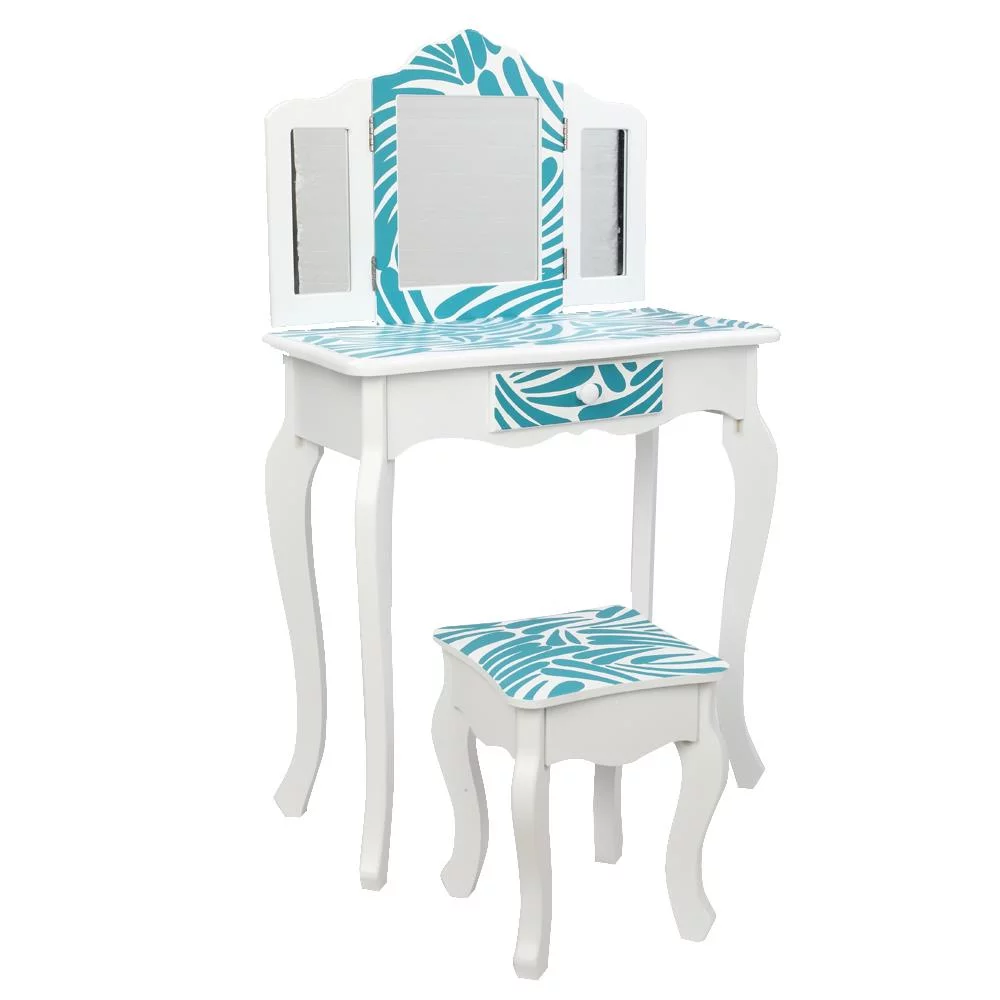 Winado Kids Vanity Table Set, Princess Wooden Dressing Table and Stool Vanity Set, Little Girls Pretend Beauty Makeup Playset w/Mirror & Stool,Blue