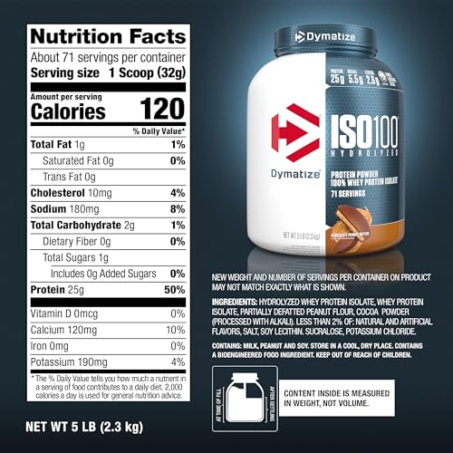 Dymatize ISO100 Whey Protein Powder Isolate, Cookies & Cream, 25g of Protein, 20 Servings, 5.5g BCAAs, Less Than 120 Cal., Gluten Free, 1g Fat, 1g Sugar, 2g Carb