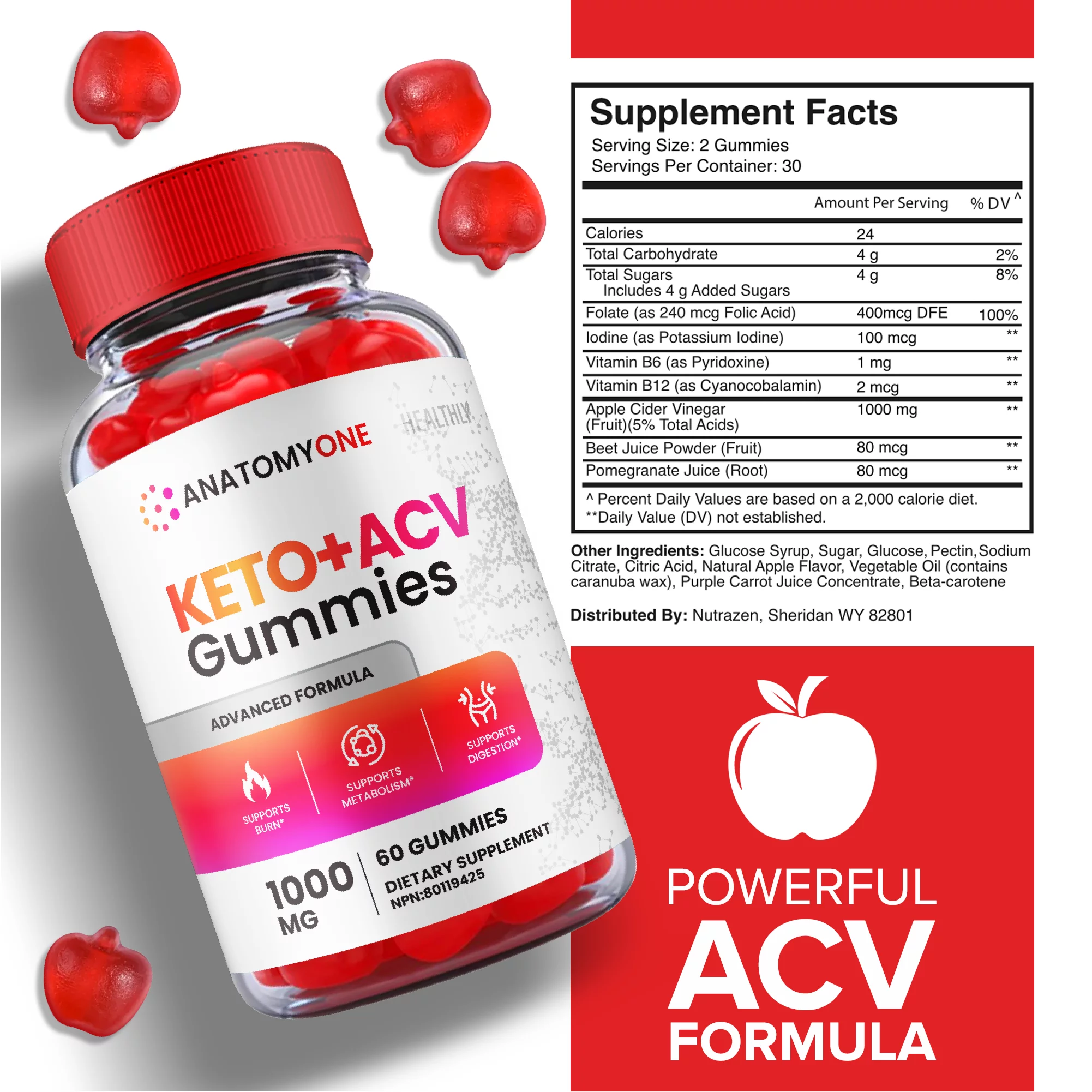 (3 Pack) Anatomy One Keto Gummies ACV Apple Cider Vinegar Vegan 180 Gummies