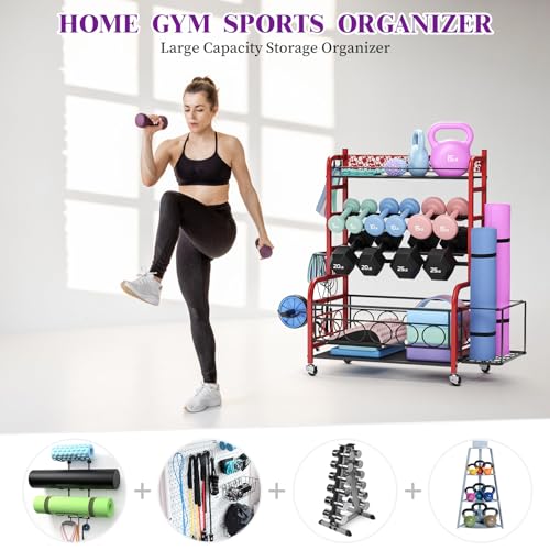 Dumbbell Rack, VOPEAK Weight Rack for Home Gym, Home Gym Storage Rack for Yoga Mat Kettlebells and Strength Training Equipment, Weight Storage Rack for Dumbbells with Wheels