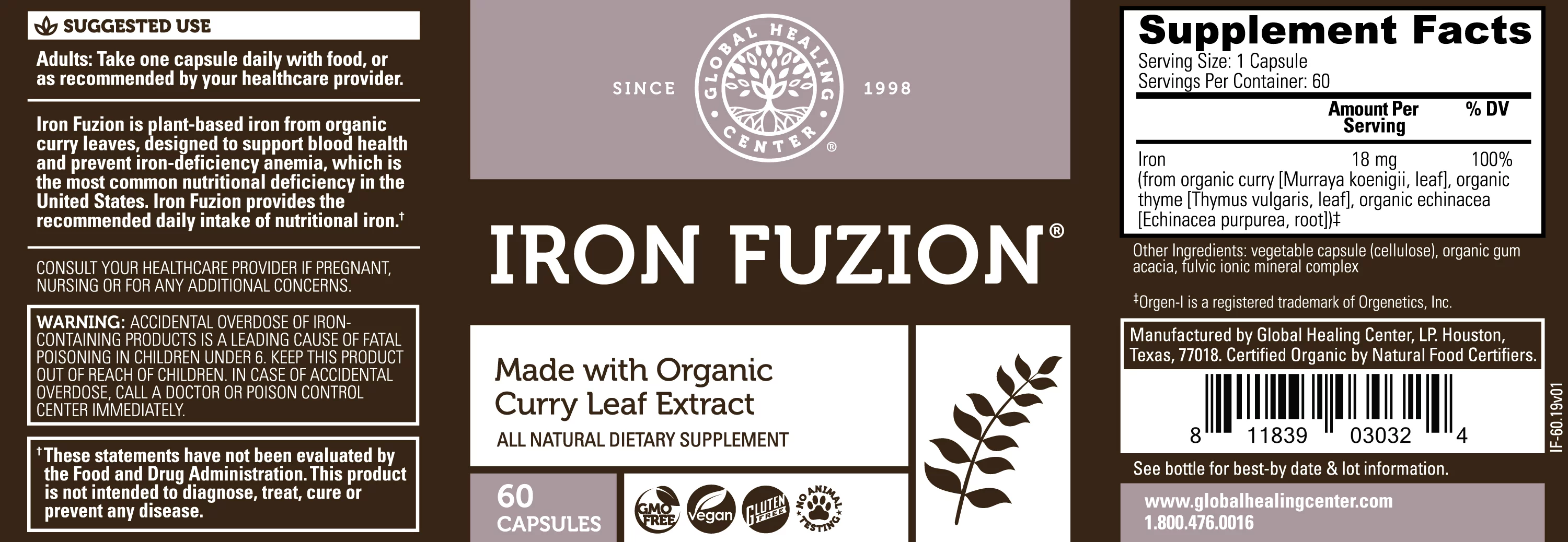 Iron Fuzion Supplement by Global Healing, 60 Count Capsules