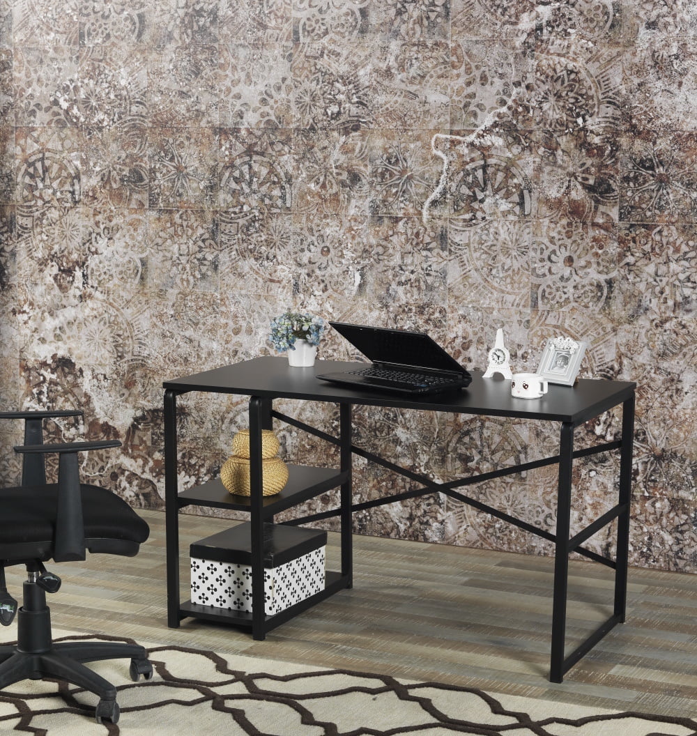 LANTRO JS Furnish Home Store Sage Black Metal Frame 47 Wooden Top 2 Shelves Writing and Computer Desk for Home Office, Black