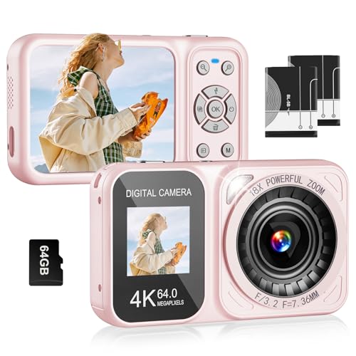 Digital Camera, 4K 64MP Dual Screens Camera, 18X Zoom, Point and Shoot Digital Camera with 64GB TF Card & 2 Batteries, Portable Rechargeable Small Camera for Kids Teens Adult, Black