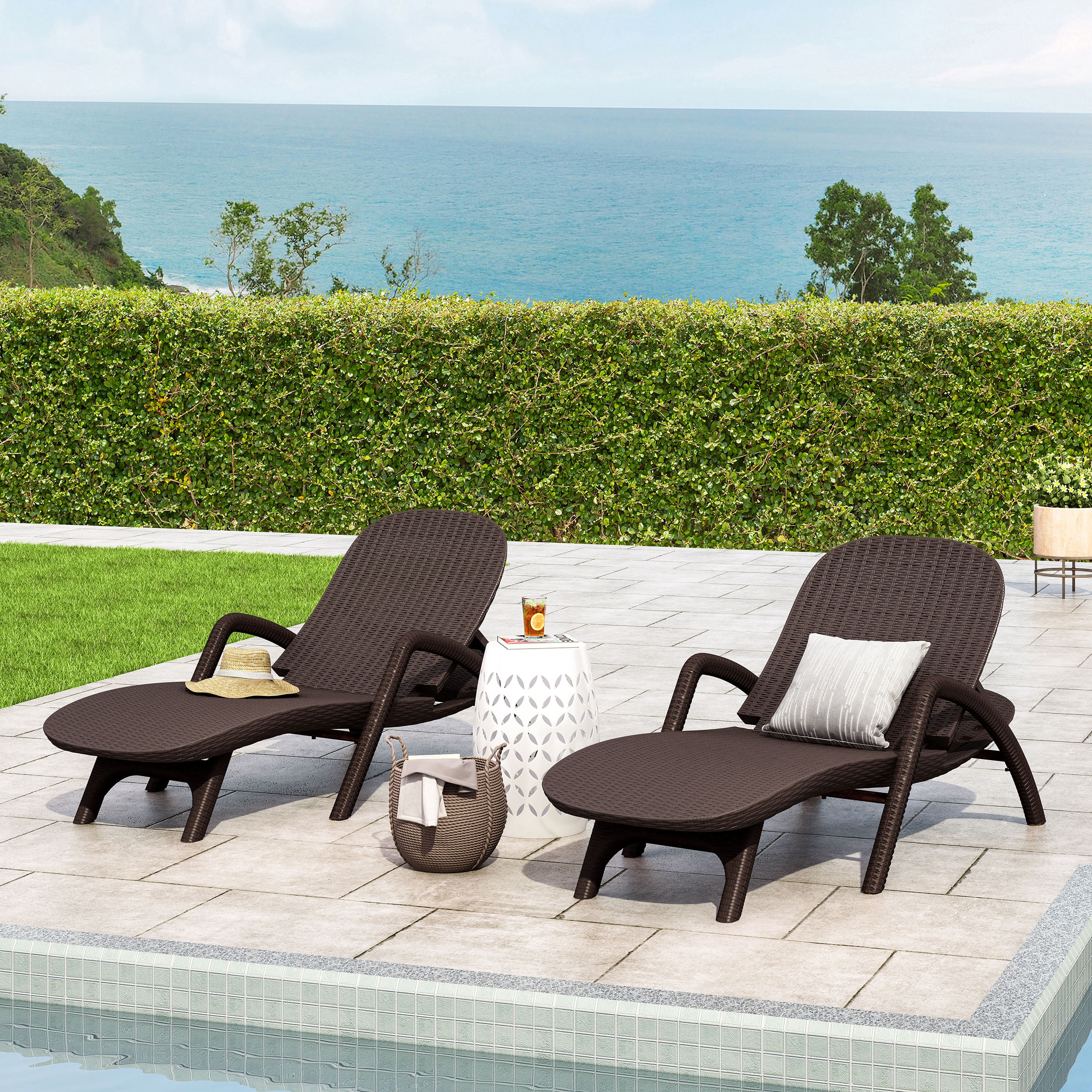 Noble House Waverly Outdoor Faux Wicker Chaise Lounges (Set of 2) Dark Brown