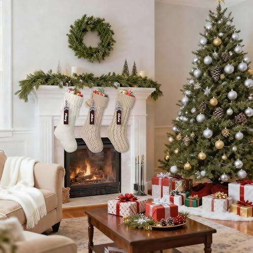 KHOYIME Personalized Knit Christmas Stockings, 3 Pack 18'' Large White Red Green Vintage Knitted Xmas Stocking with Wooden Names Tags Boho Farmhouse Rustic Hanging Decoration for Family Holiday Mantel