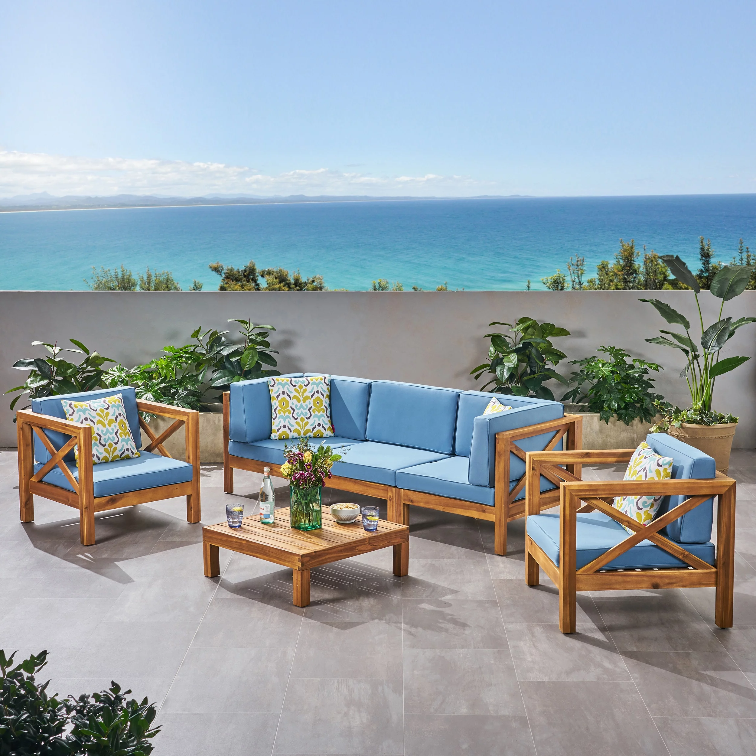 Elisha Outdoor 5 Seater Acacia Wood Sofa Chat Set, Teak and Blue