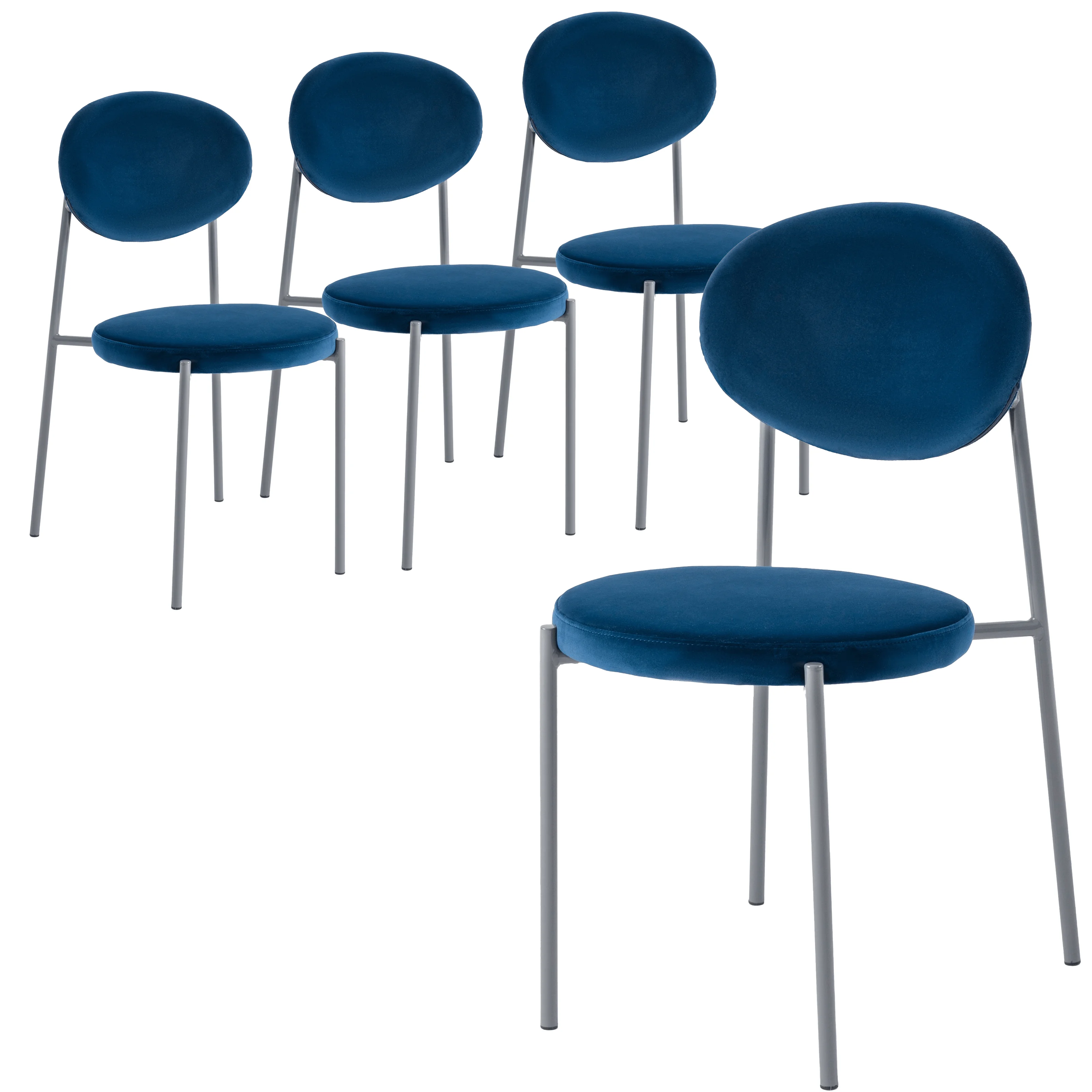LeisureMod Euston Modern Velvet Dining Kitchen Side Chair with Powder Coated Grey Steel Frame, Set of 4 (Navy Blue)