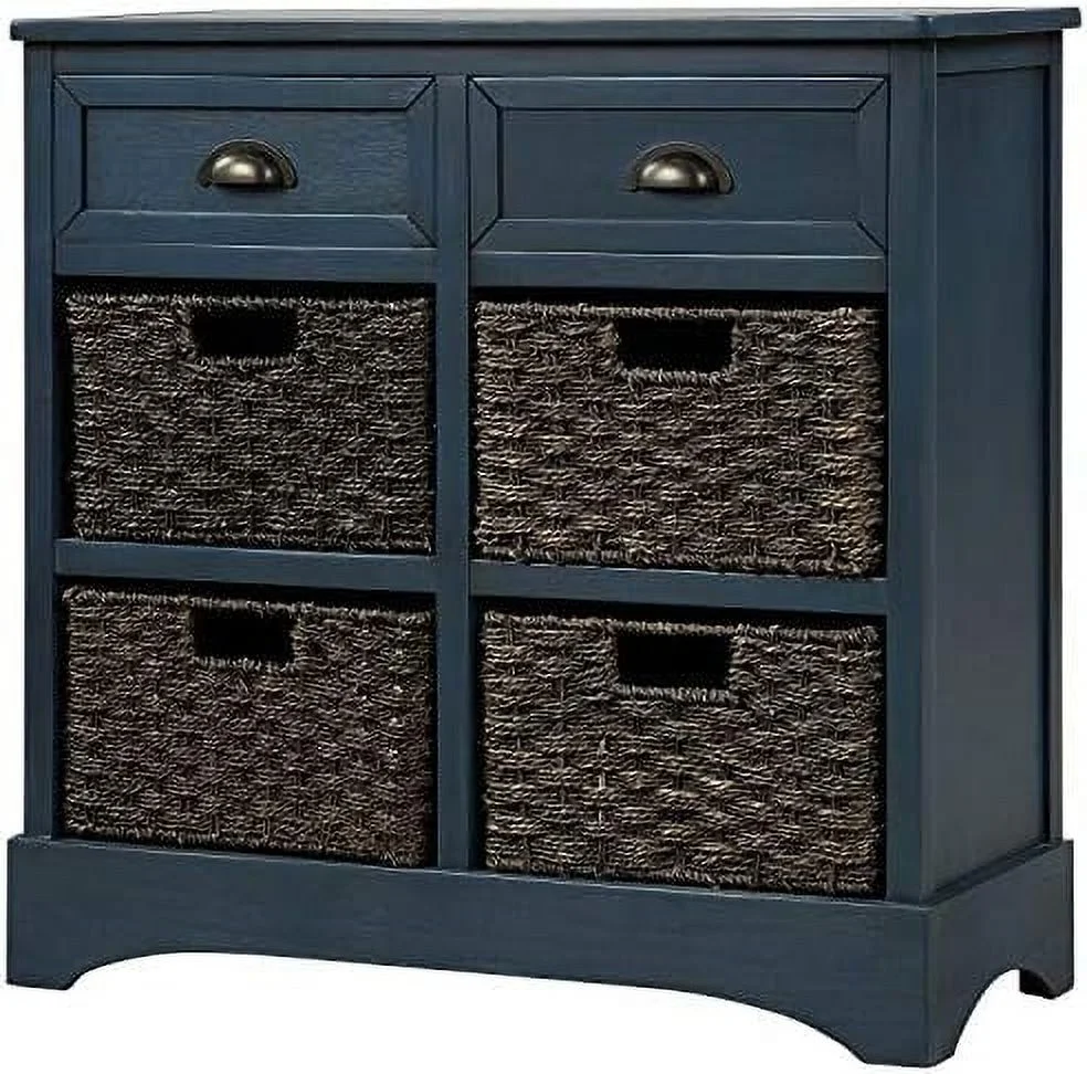 HOOMHIBIU Farmhouse Wicker  Cabinet with 2 Drawers and 4 Baskets  Living Room Bedroom Wooden Chest of Drawers  Fully Assembled  28" W x 11.8" D x 28" H