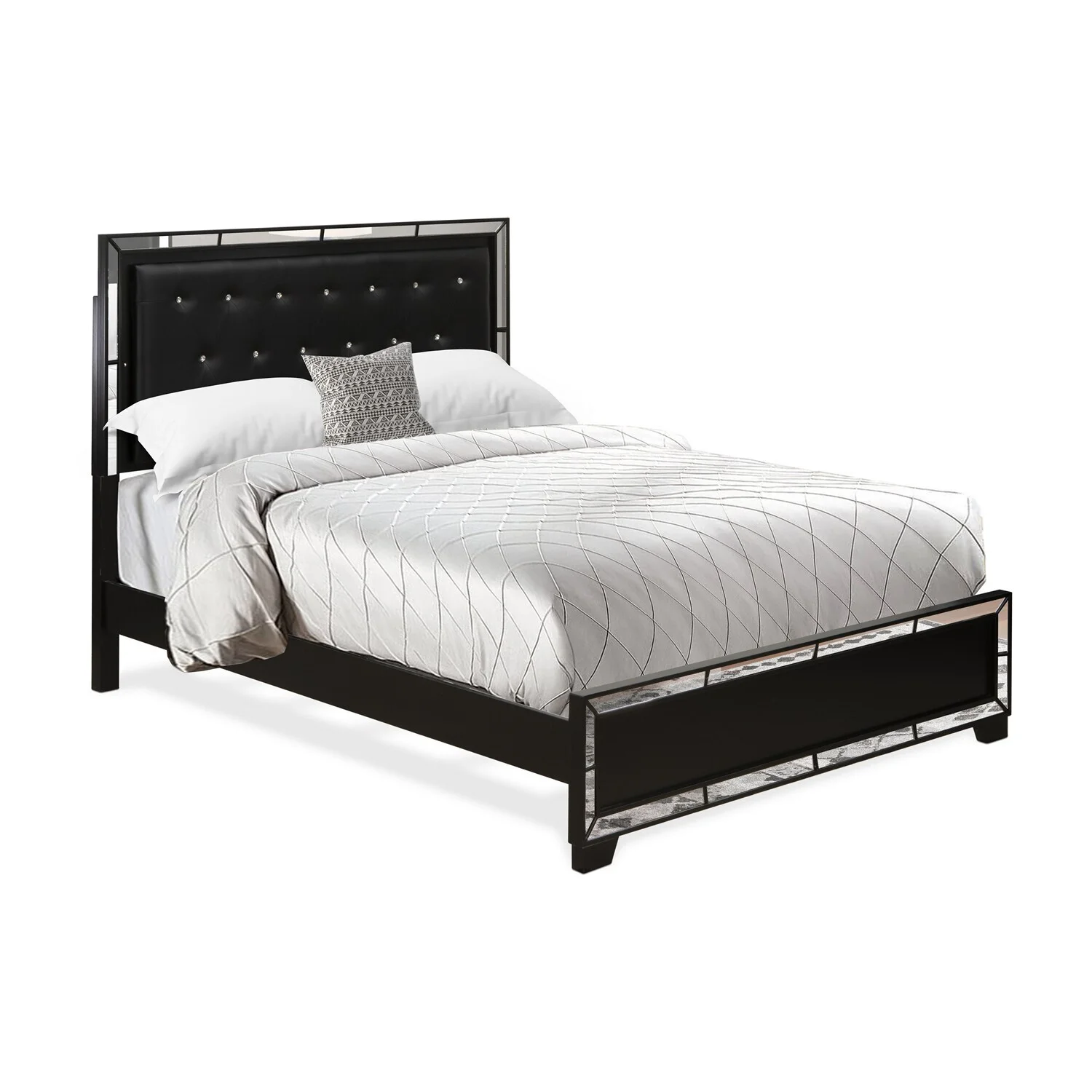 HomeStock 3Pc Bedroom Set With Button Tufted Asian Aesthetics Bedframe And 2 Mid Century Modern Nightstands Black Leather Headboard And Black Legs