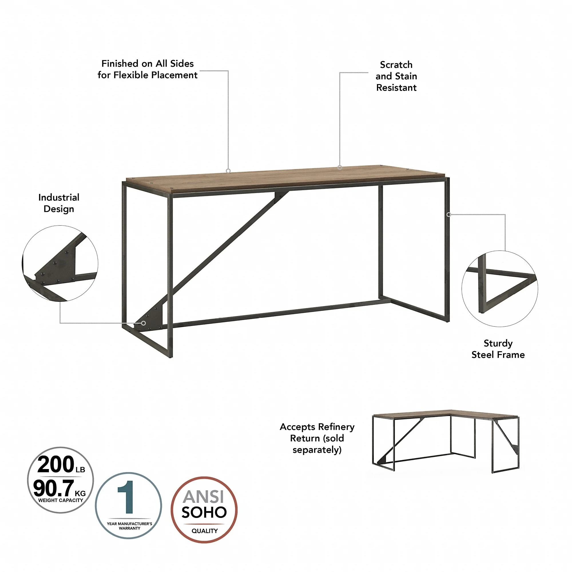 Refinery 62W L Shaped Desk with Drawers in Rustic Gray - Engineered Wood